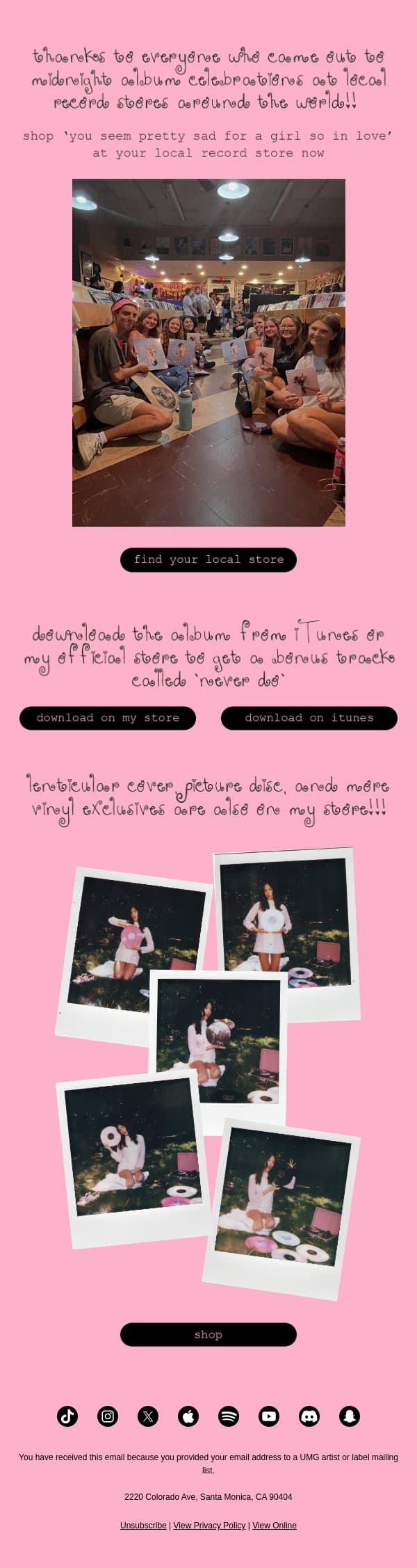 support your local indie record store 🩷 email from Olivia Rodrigo screenshot