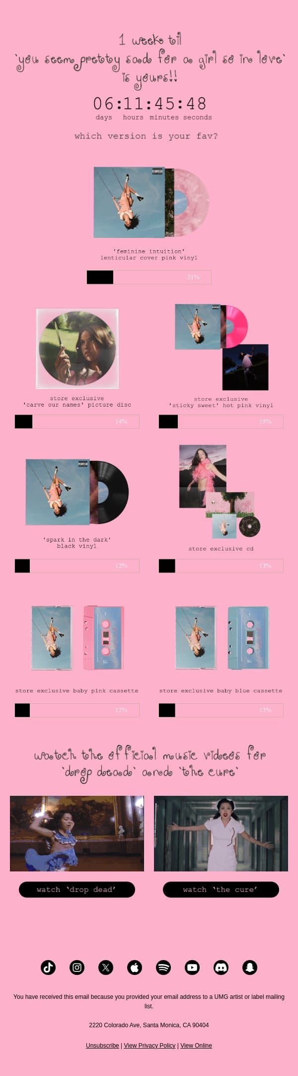 one week until ‘you seem pretty sad for a girl so in love’ is yours!!! email from Olivia Rodrigo screenshot