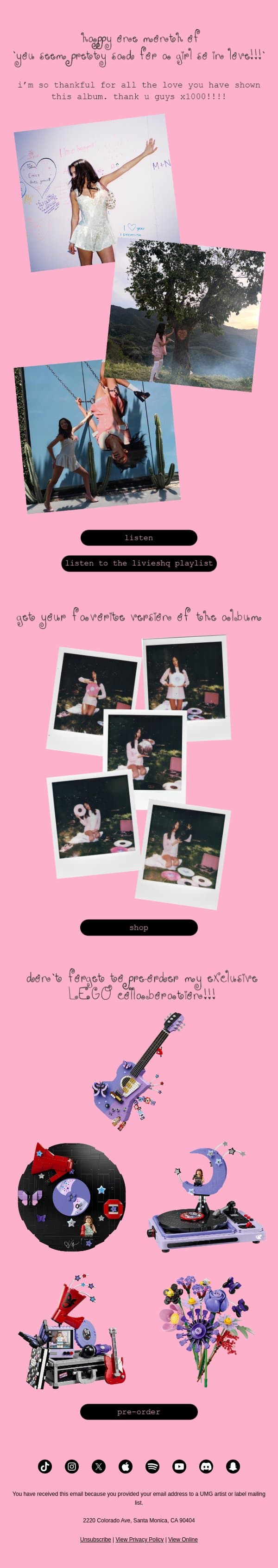 one month of ‘you seem pretty sad for a girl so in love’ 🩷 email from Olivia Rodrigo screenshot