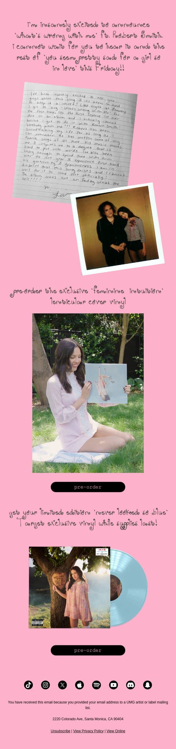 my new album is out this friday!!! email from Olivia Rodrigo screenshot