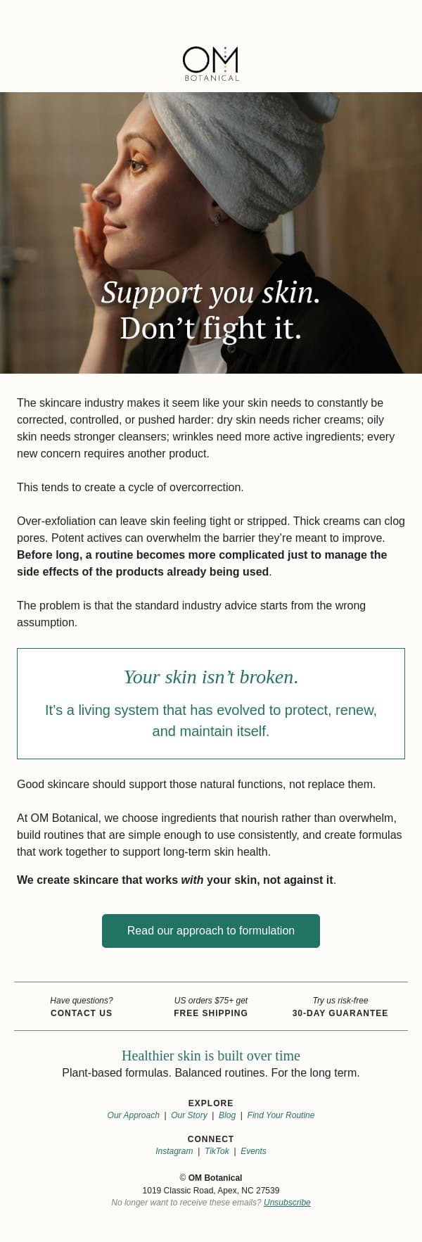 A different way to think about skincare email from OM Botanical screenshot