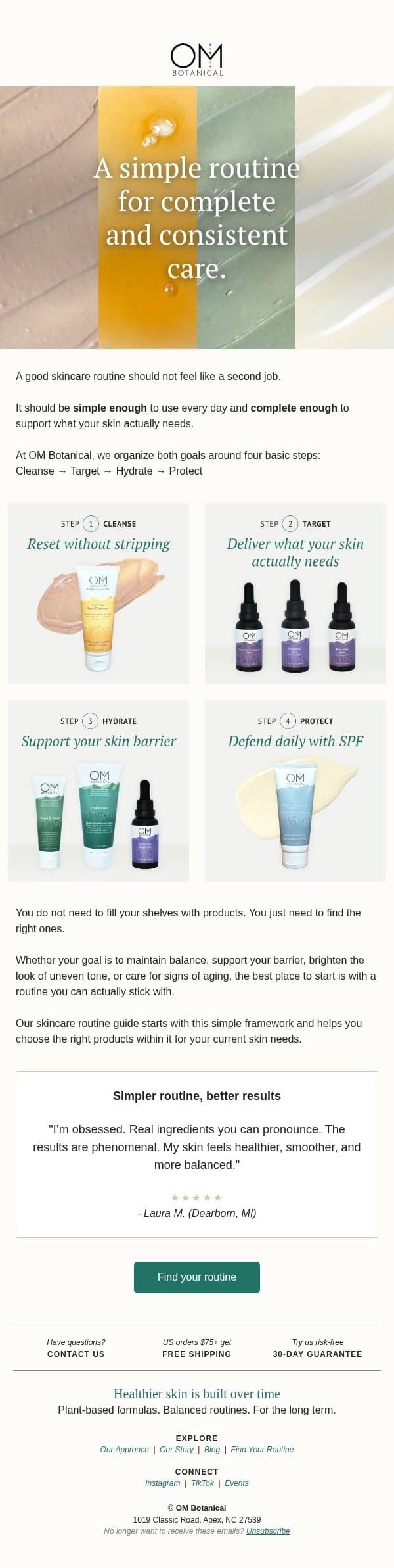 Your skincare routine shouldn't be complicated email from OM Botanical screenshot