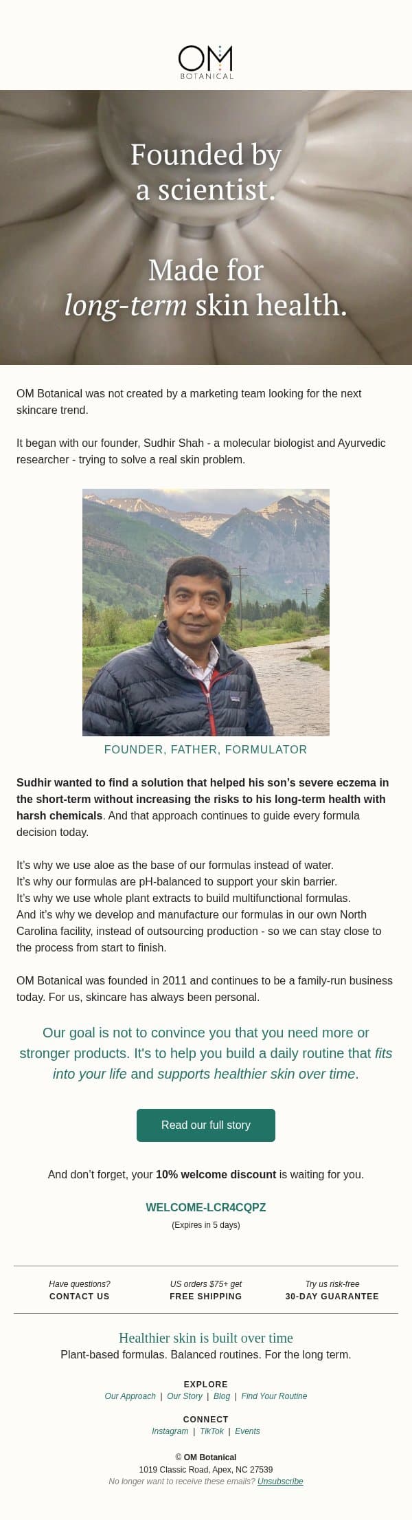 Founded by a scientist and father email from OM Botanical screenshot