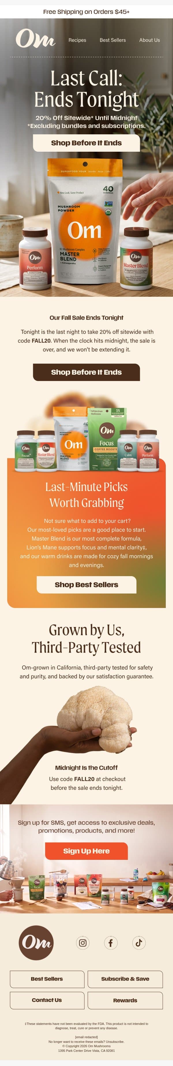 Last call: 20% off ends tonight email from OM Mushroom Superfood screenshot