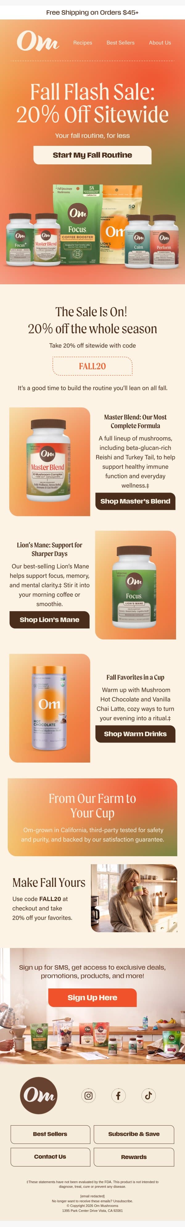 Our fall sale is here: 20% off sitewide email from OM Mushroom Superfood screenshot
