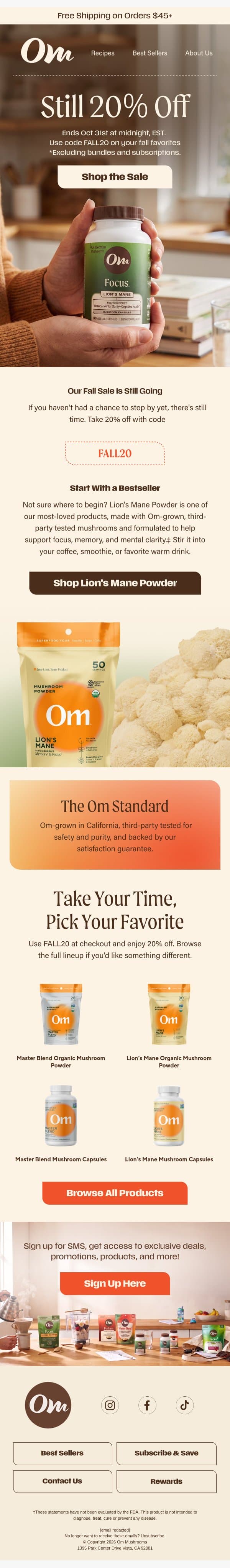 Still 20% off, in case you missed it email from OM Mushroom Superfood screenshot