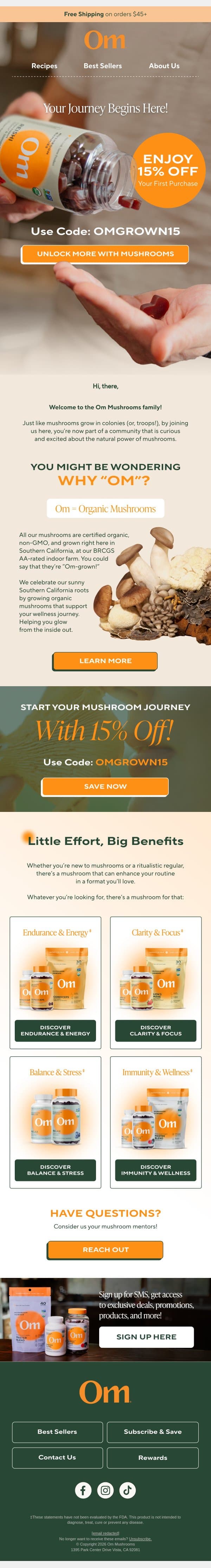 Welcome to Om Mushrooms! 15% off inside email from OM Mushroom Superfood screenshot