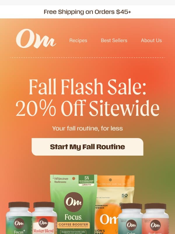 Our fall sale is here: 20% off sitewide email from OM Mushroom Superfood