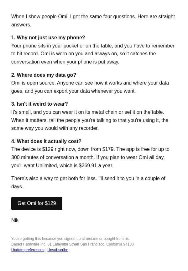 The 4 questions everyone asks me email from Omi screenshot