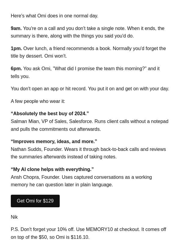 What a day with Omi looks like email from Omi