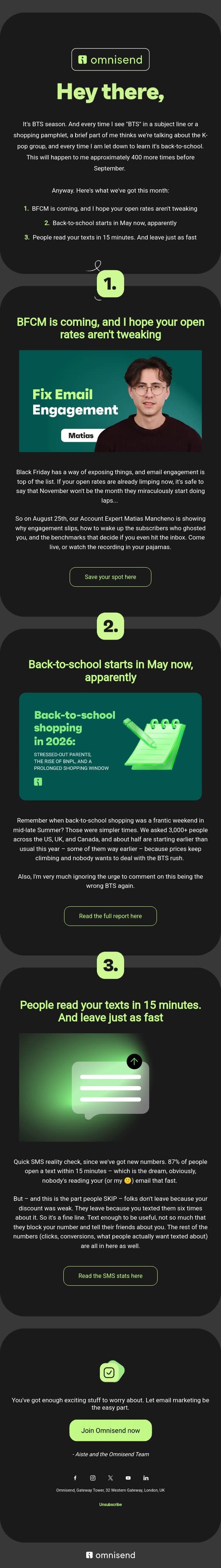 Not that BTS comeback, unfortunately email from Omnisend screenshot