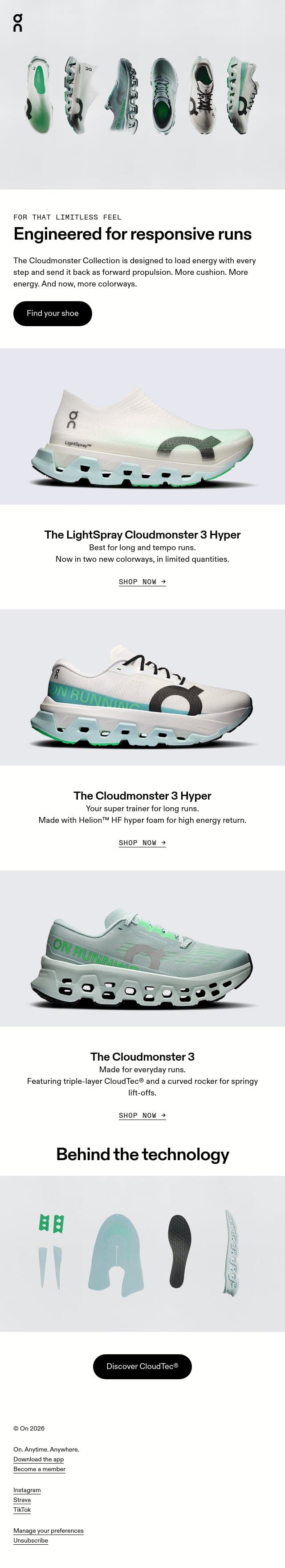 ☁️ New colors: The Cloudmonster Collection email from On Running screenshot