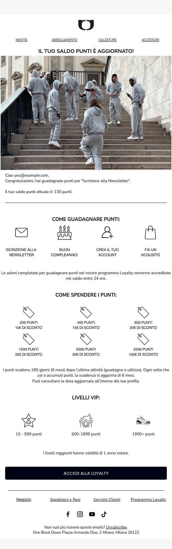 Il tuo saldo punti è aggiornato! email from One Block Down screenshot