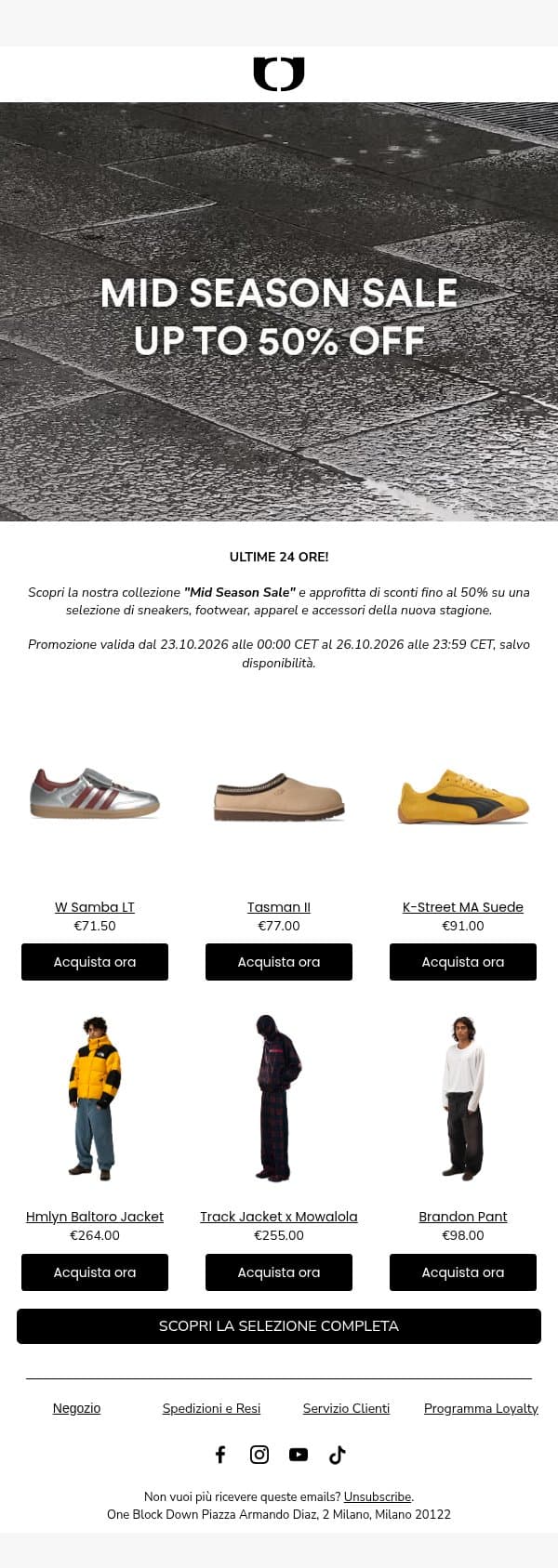 ULTIME 24 ORE : MID-SEASON SALE FINO AL -50% email from One Block Down screenshot