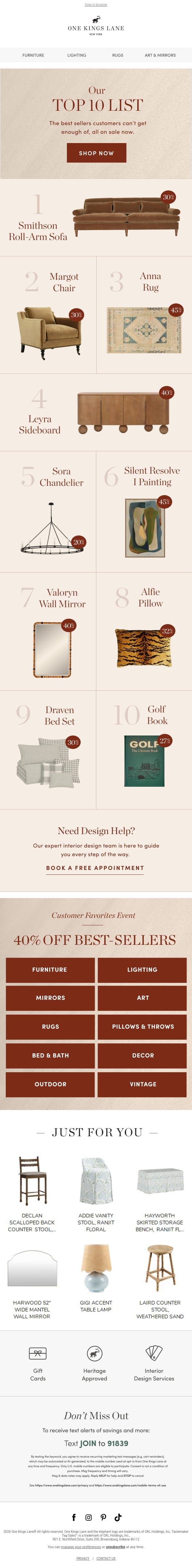 Our Top 10 Best-Sellers — Up to 40% Off email from One Kings Lane screenshot
