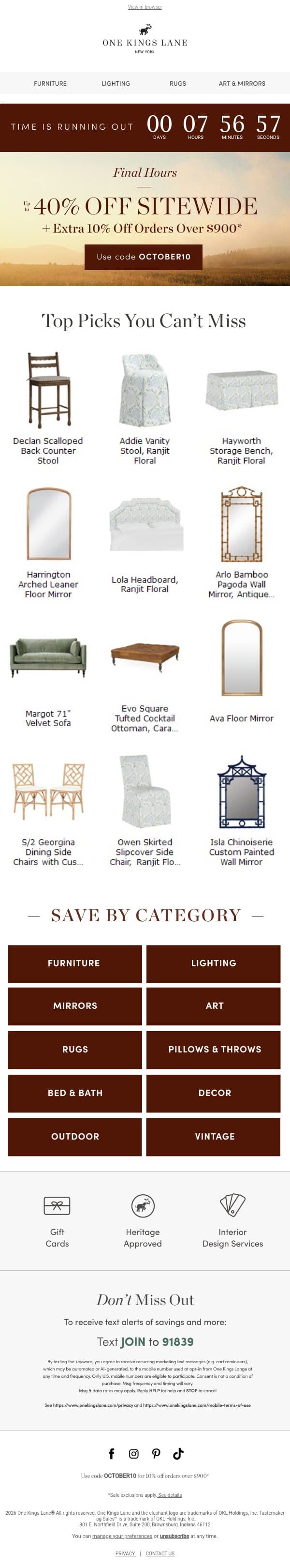 Last Chance to Save on Your Picks — Up to 40% off email from One Kings Lane screenshot