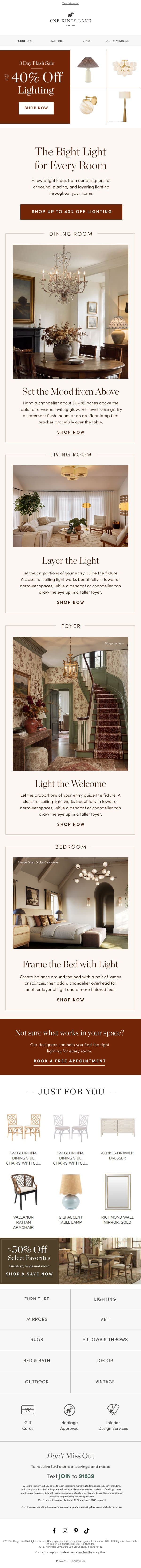 Up to 40% Off Lighting + Designer Tips for Layering Light Right email from One Kings Lane screenshot
