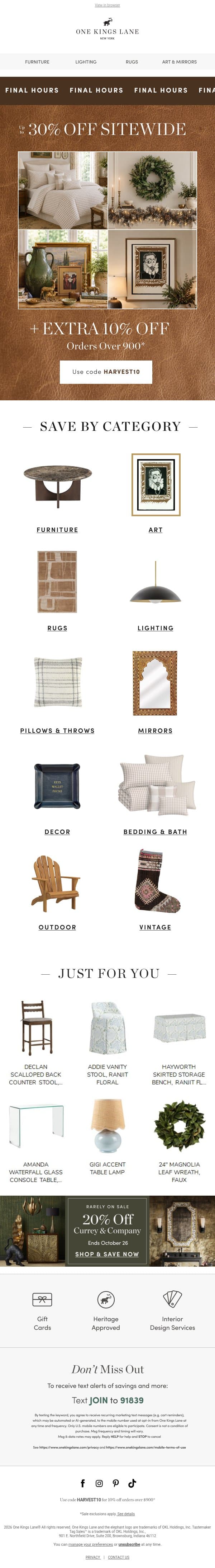 🔥Final Hours — Up to 30% Off Sitewide + Extra 10% Off $900+ email from One Kings Lane screenshot