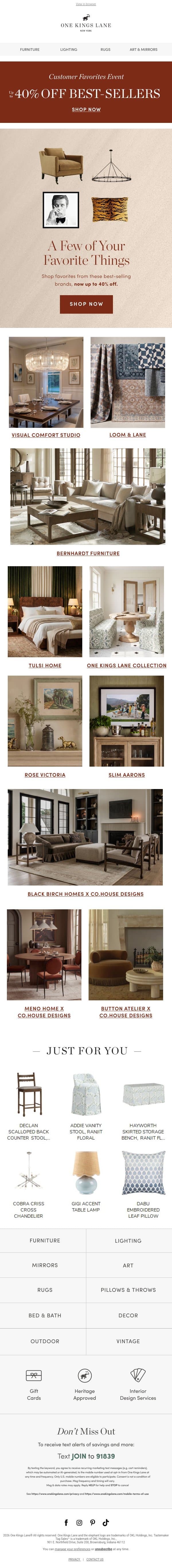 Visual Comfort Studio, Bernhardt Furniture & Tulsi Home — Up to 40% Off email from One Kings Lane screenshot