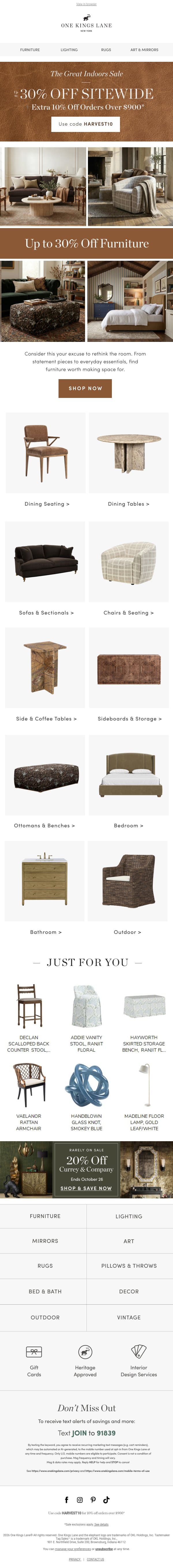 Up to 30% Off Sitewide: Hooker Furniture, Currey & Company & More email from One Kings Lane screenshot
