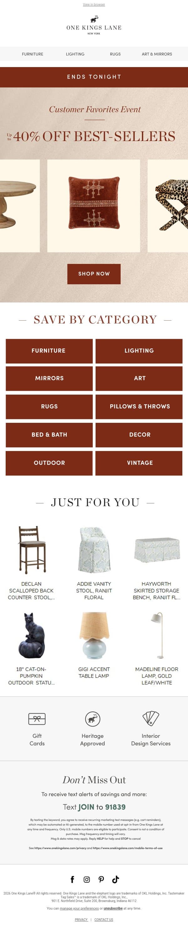 🚨 Ends Tonight — Up to 40% Off Best-Sellers email from One Kings Lane screenshot