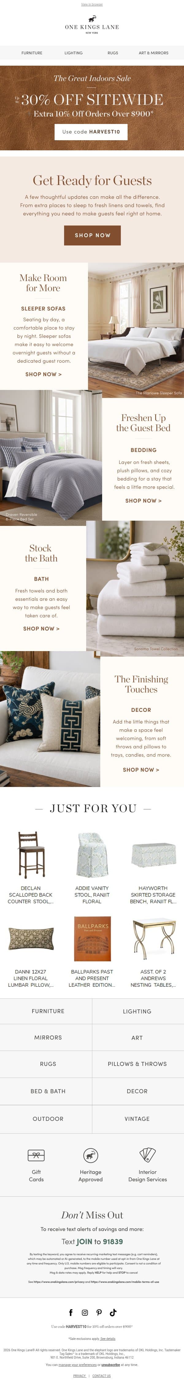 Make Your Guests Feel at Home — Up to 30% Off Sitewide email from One Kings Lane screenshot
