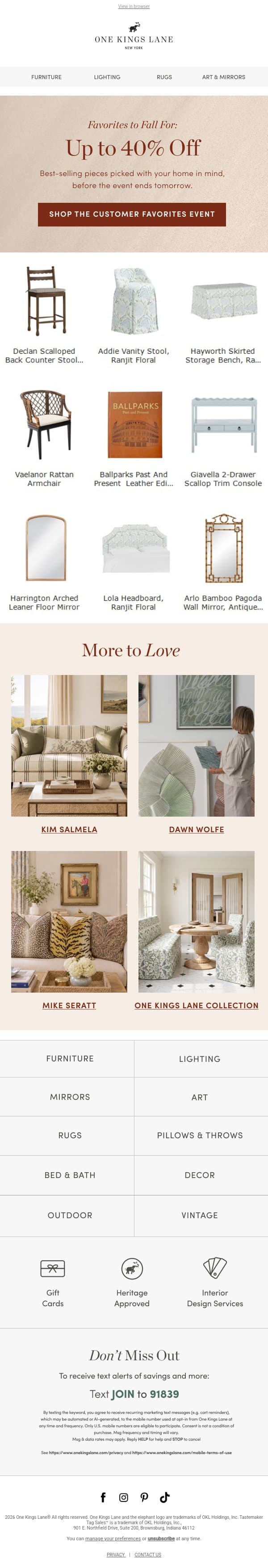 Favorites to Fall For — Up to 40% Off Ends Tomorrow email from One Kings Lane screenshot