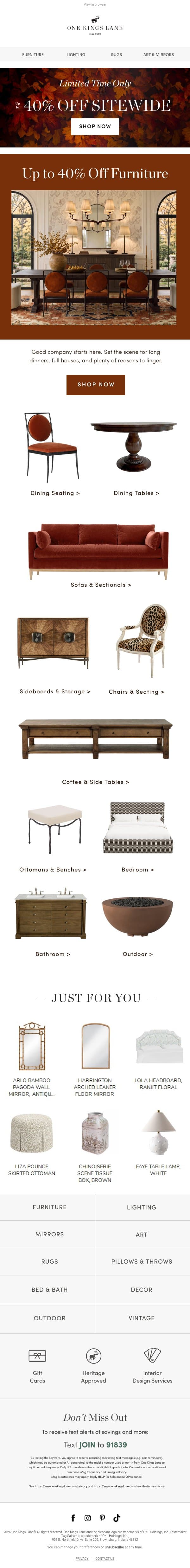 Up to 40% Off Furniture — Dining, Sofas & More email from One Kings Lane screenshot