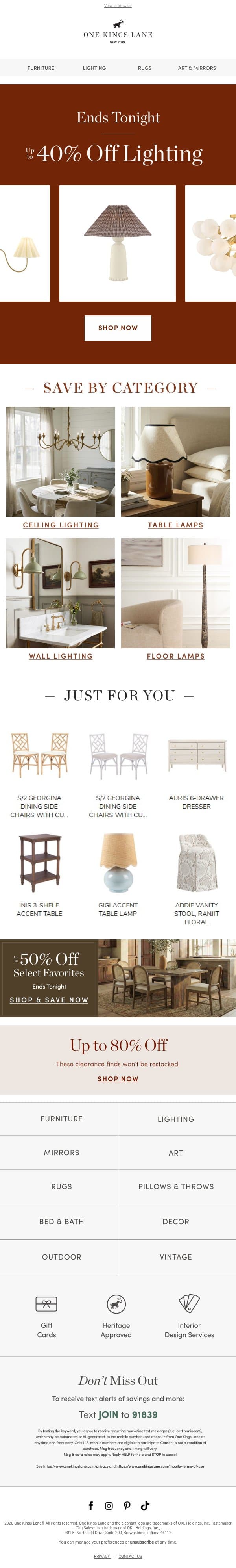 Ends Tonight — Up to 40% Off Lighting email from One Kings Lane screenshot