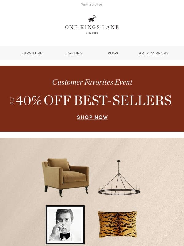 Visual Comfort Studio, Bernhardt Furniture & Tulsi Home — Up to 40% Off email from One Kings Lane