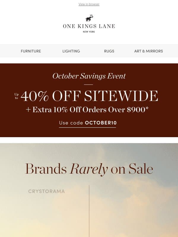 π¨ Rarely on Sale: Ralph Lauren Home, Bernhardt Furniture, Crystorama & more email from One Kings Lane