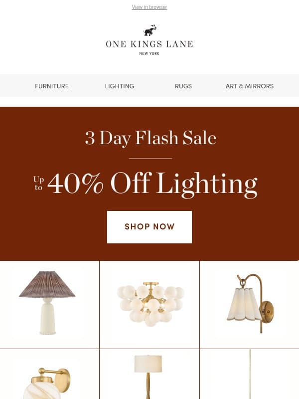 ⚡3-Day Flash Sale — Up to 40% Off Lighting email from One Kings Lane