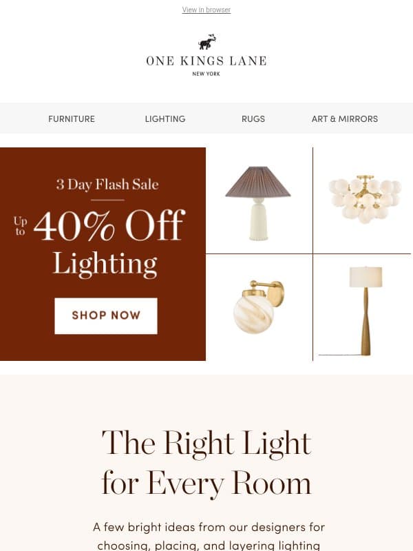 Up to 40% Off Lighting + Designer Tips for Layering Light Right email from One Kings Lane