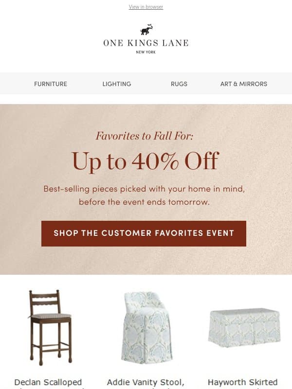 Favorites to Fall For — Up to 40% Off Ends Tomorrow email from One Kings Lane