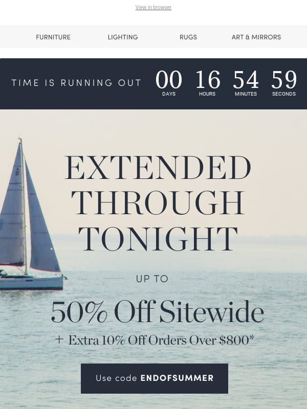 🎉 Extended Through Tonight — Up to 50% Off Sitewide + Extra 10% email from One Kings Lane