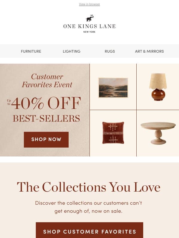 Our Best-Selling Collections, Up to 40% Off email from One Kings Lane