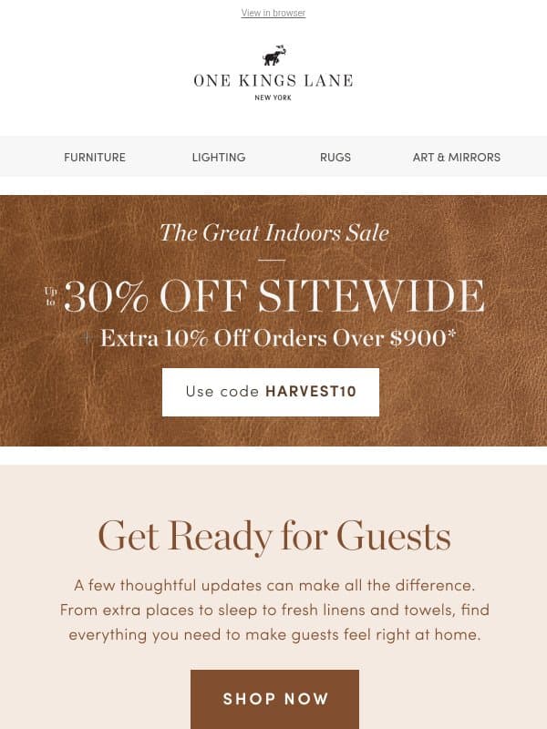 Make Your Guests Feel at Home — Up to 30% Off Sitewide email from One Kings Lane