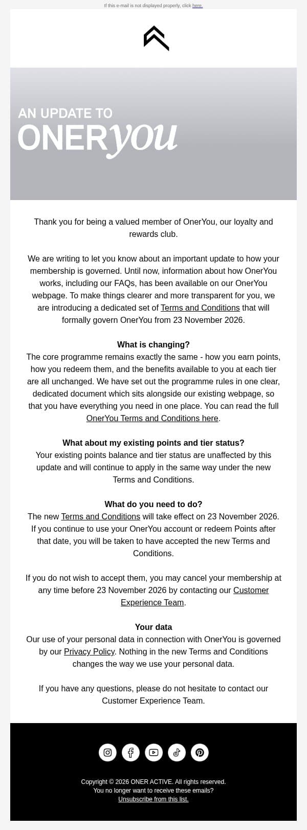 An update to your OnerYou membership email from Oner Active screenshot