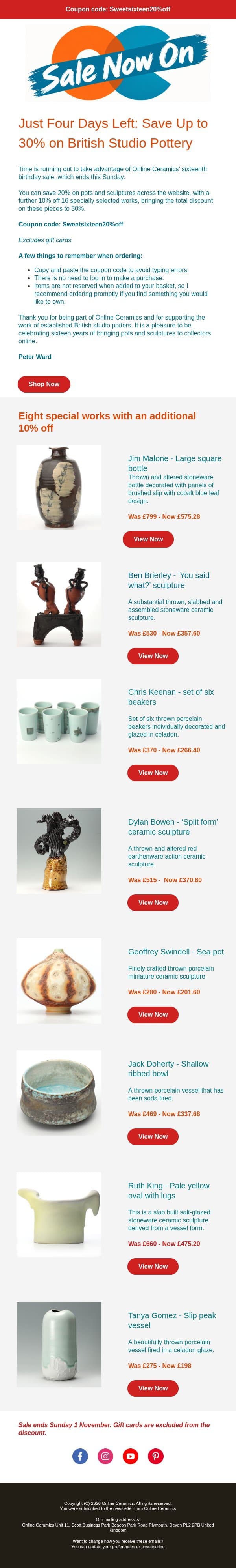 Times Running Out - Only four days left to get up to 30% your favourite potters! email from Online Ceramics screenshot