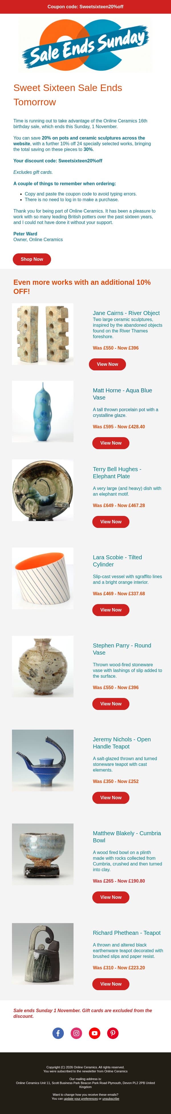 Online Ceramics 16th Birthday Sale Ends Sunday 1 November email from Online Ceramics screenshot