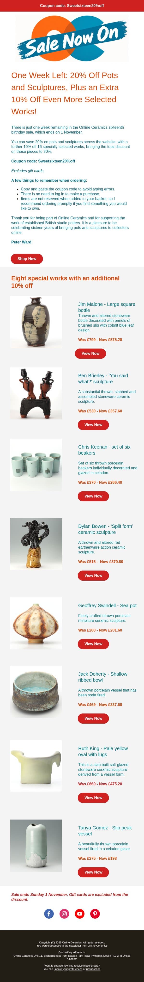 One Week Left: Save Up to 30% on British Studio Pottery email from Online Ceramics screenshot