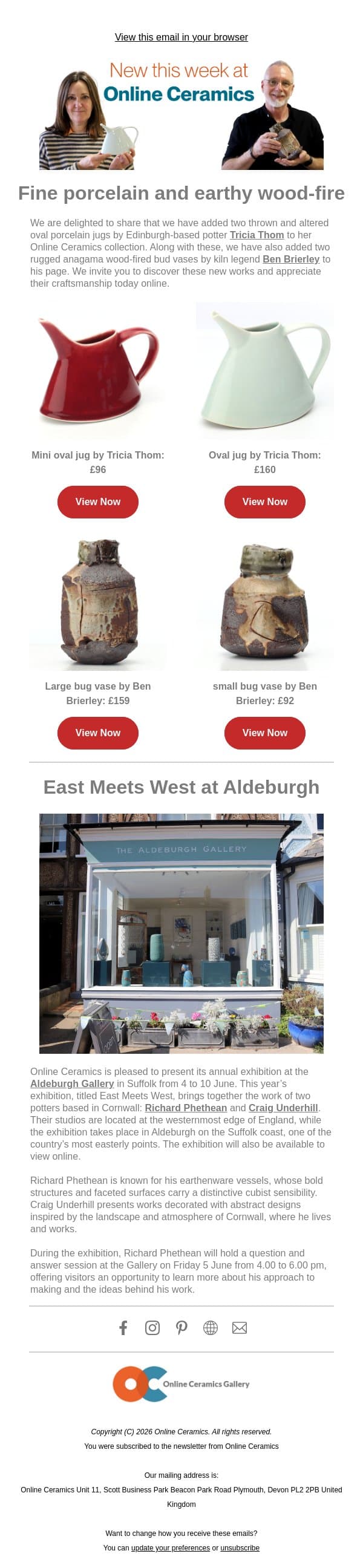 New additions just in by Ben Brierley and Tricia Thom π§‘π email from Online Ceramics screenshot