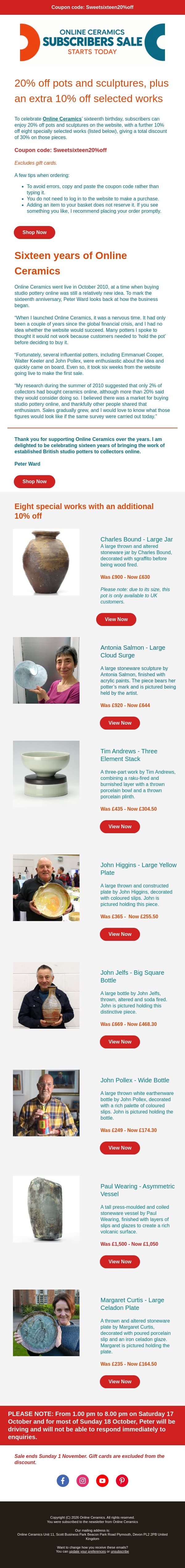 Celebrating 16 Years π Online Ceramics Sales Starts Today π€― email from Online Ceramics screenshot
