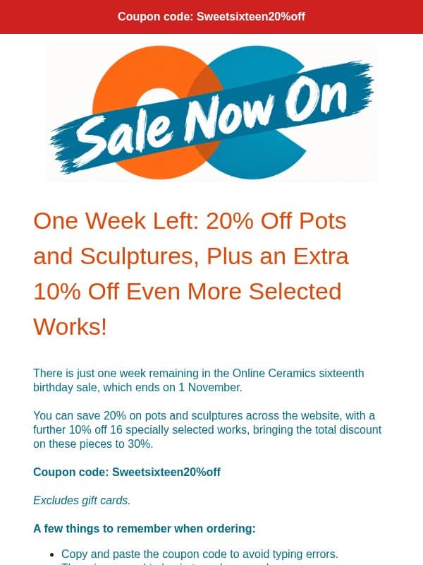 One Week Left: Save Up to 30% on British Studio Pottery email from Online Ceramics