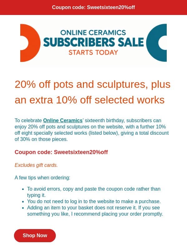 Celebrating 16 Years 🎂 Online Ceramics Sales Starts Today 🤯 email from Online Ceramics