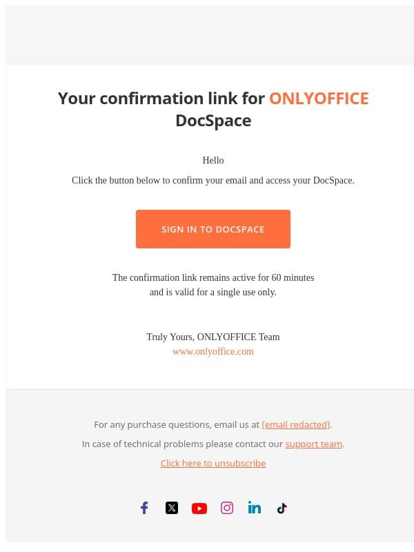 Your confirmation link for ONLYOFFICE DocSpace email from OnlyOffice