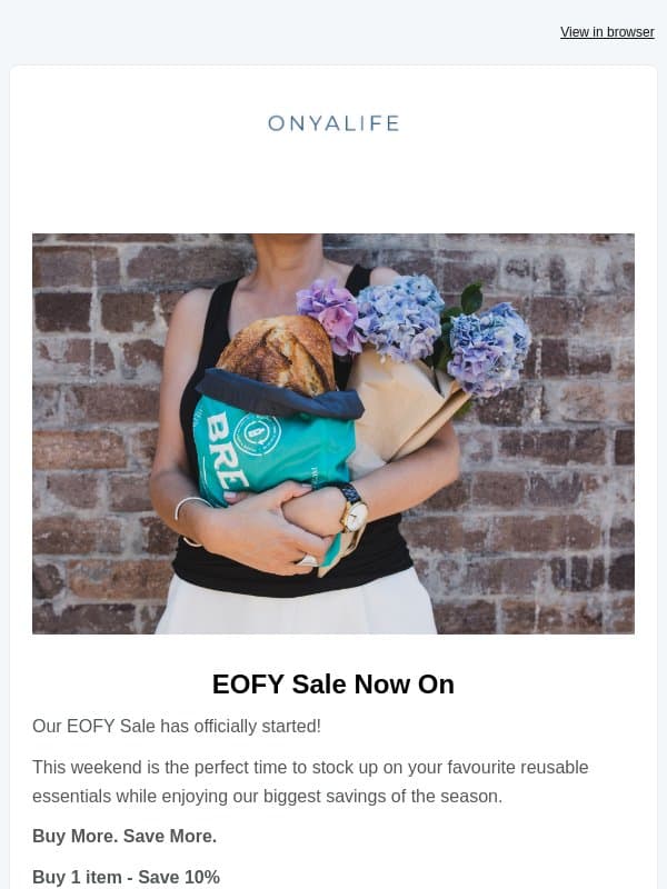 EOFY Sale Now On! email from Onya