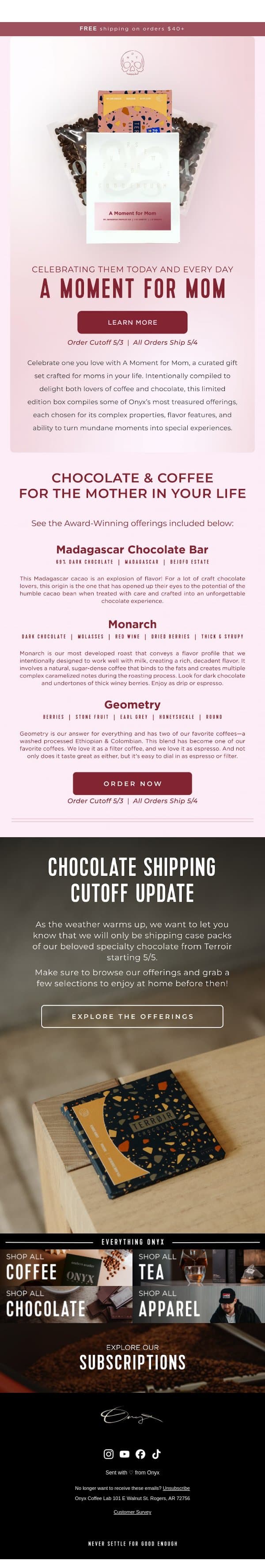 Surprise Mom with Something Special email from Onyx Coffee Roasters screenshot