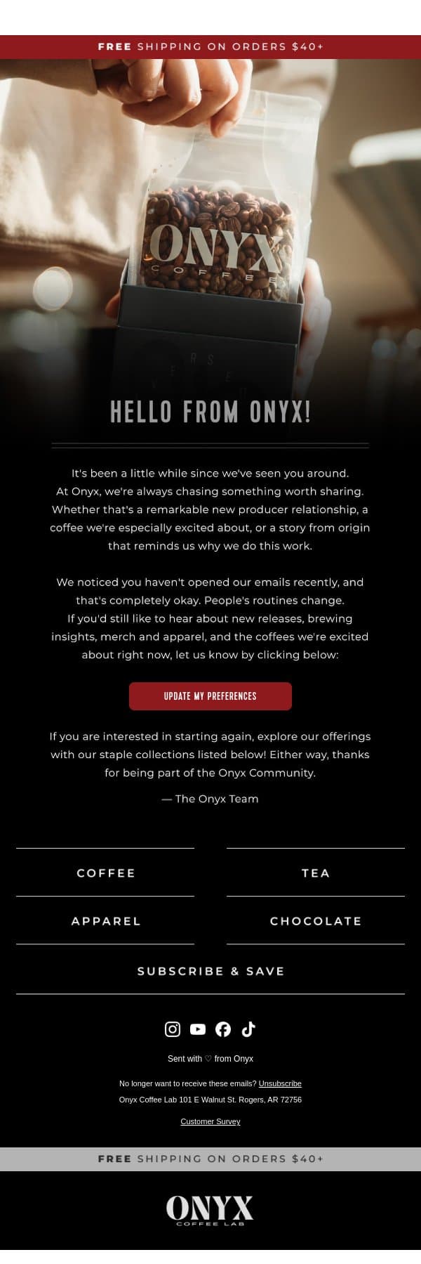 Still brewing with us? email from Onyx Coffee Roasters screenshot