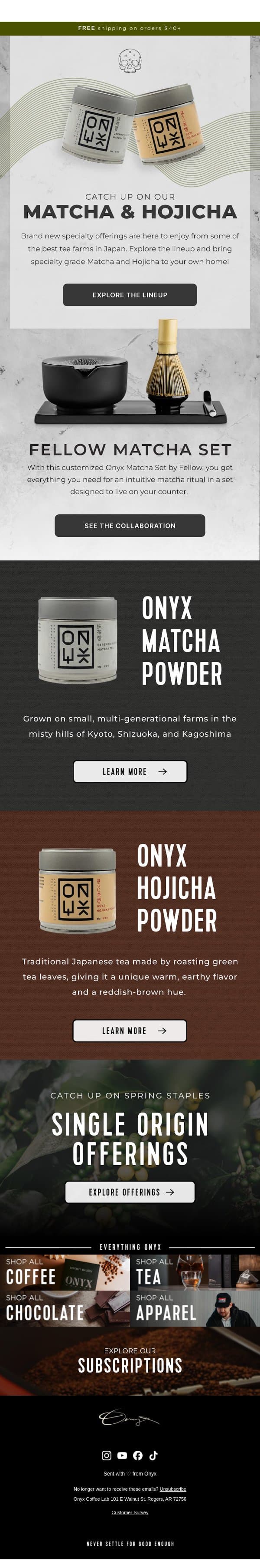 Sip Into Spring: Matcha & Hojicha Awaits email from Onyx Coffee Roasters screenshot